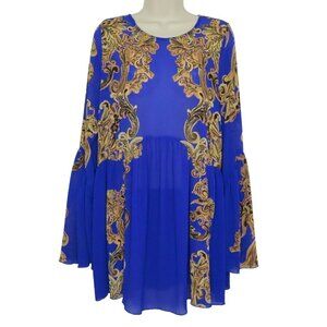 Intimately Free People Women Small Symphony Slip Dress OB721476 Blue Gold Scroll